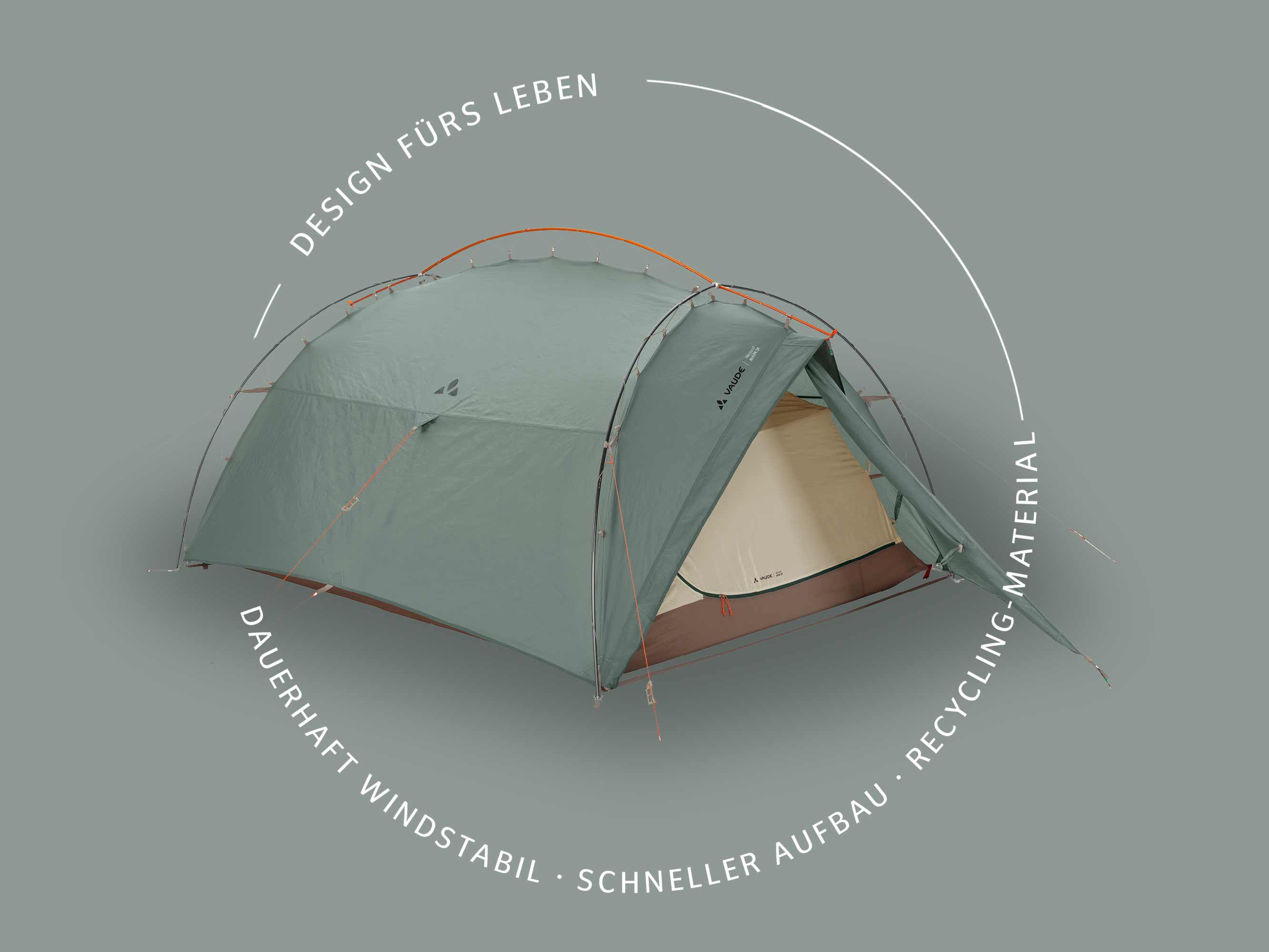 Campingzelt auf Hintegrundfarbe, darum Kampagnentext zut "Design fürs Leben"
