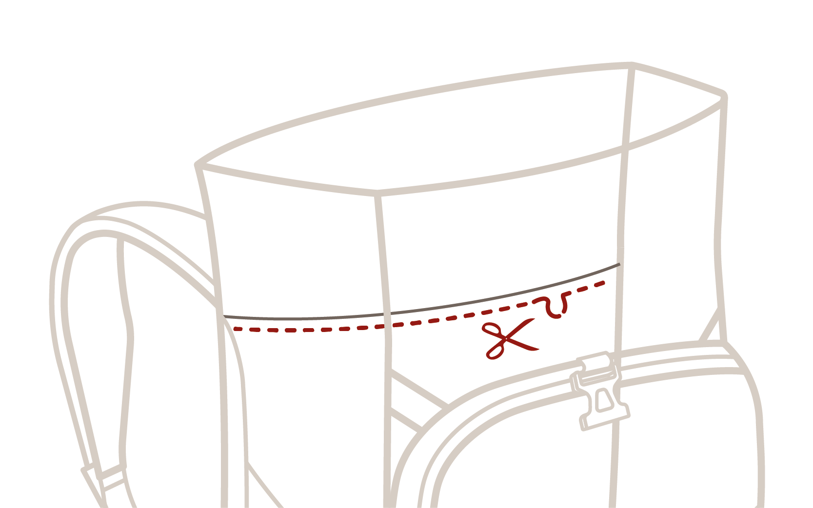 In der Grafik ist in roter Farbe die Reparaturnaht bei VAUDE Rucksäcken eingezeichnet