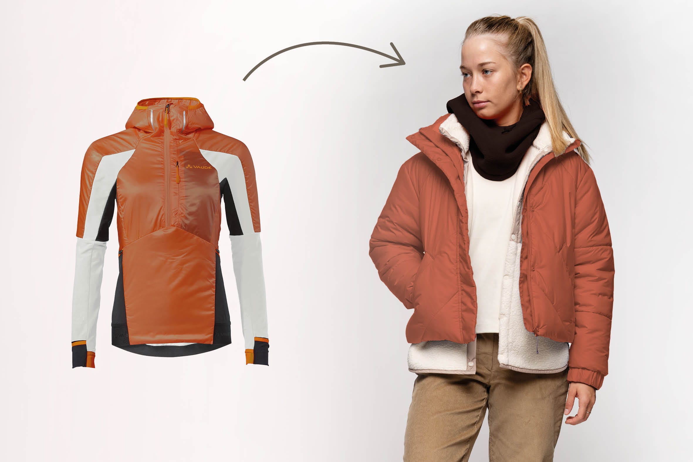 Eine Jacke mit Color-Blocking, ein Pfeil zeigt auf eine junge Frau mit verschiedenfarbigen Kleidungsschichten.