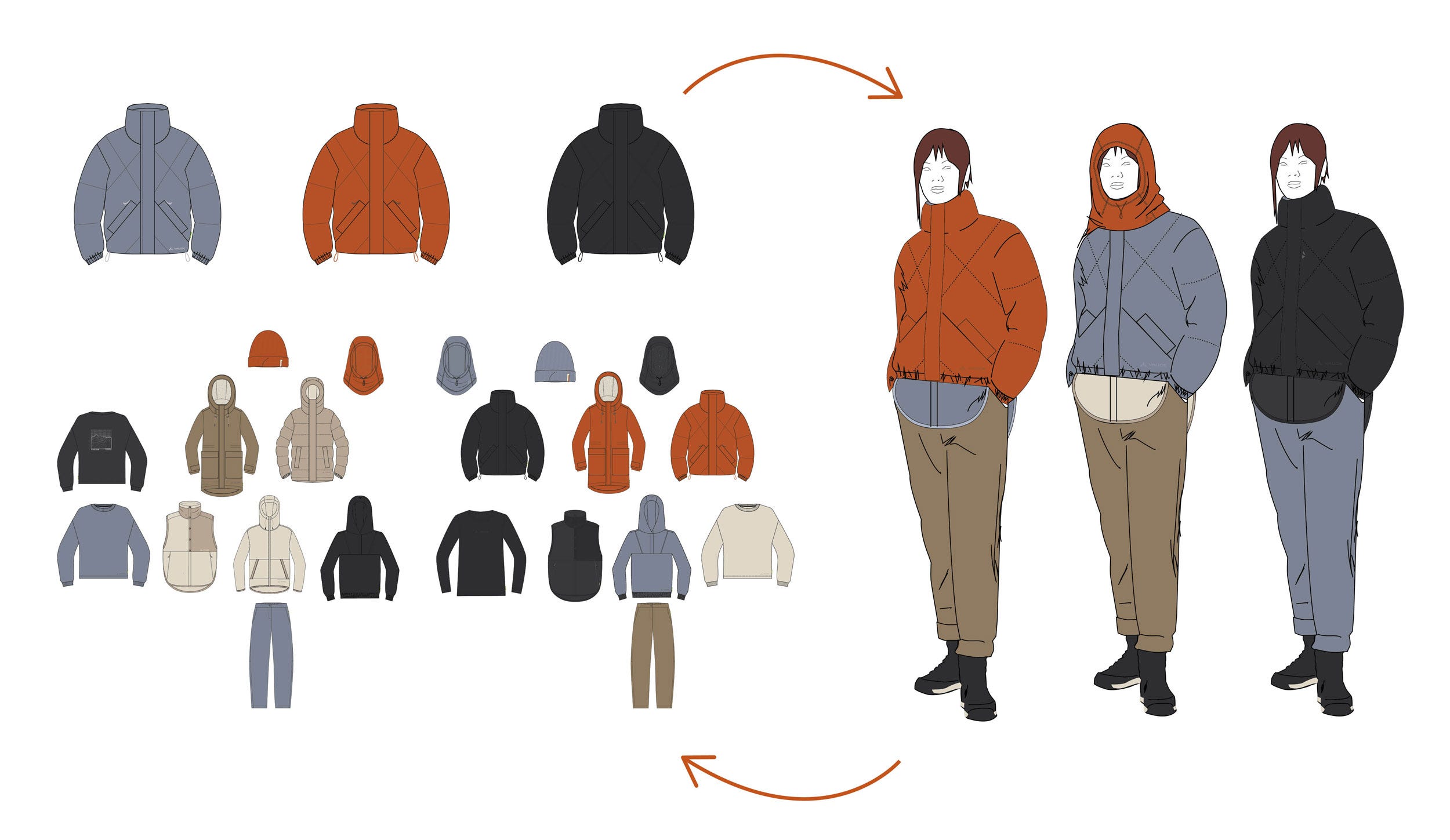 Verschiedene Produkte mit verschiedenen Farben lassen sich zu vielfältigen Outfits kombinieren.