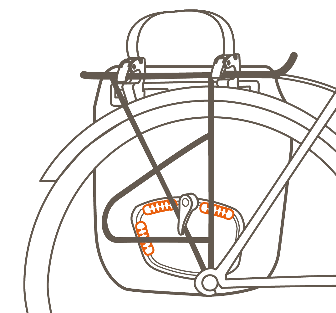 In einer Grafik ist in orangener Farbe zu sehen, wo der Abriebschutz bei Fahrradtaschen hingehört