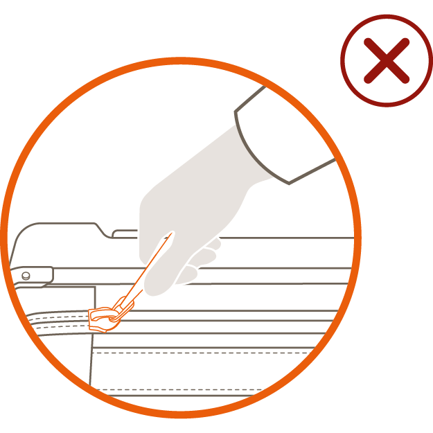 Eine Skizze, wie man den Rei&szlig;verschluss des VAUDE Trolleys Takutea nicht richtig bedient