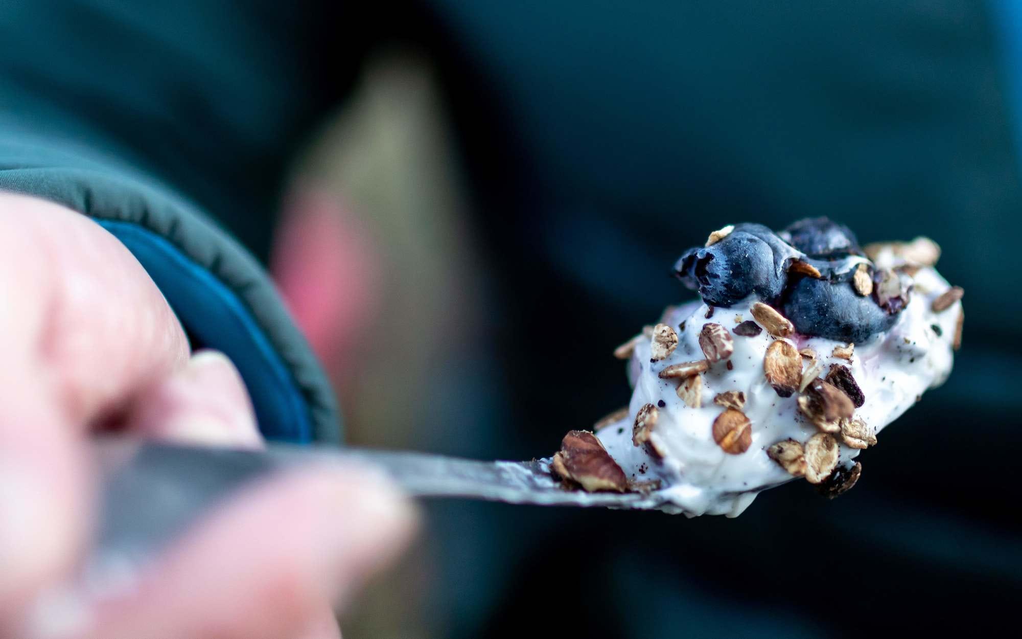 Müsli mit Joghurt, Heidelbeeren und Flocken