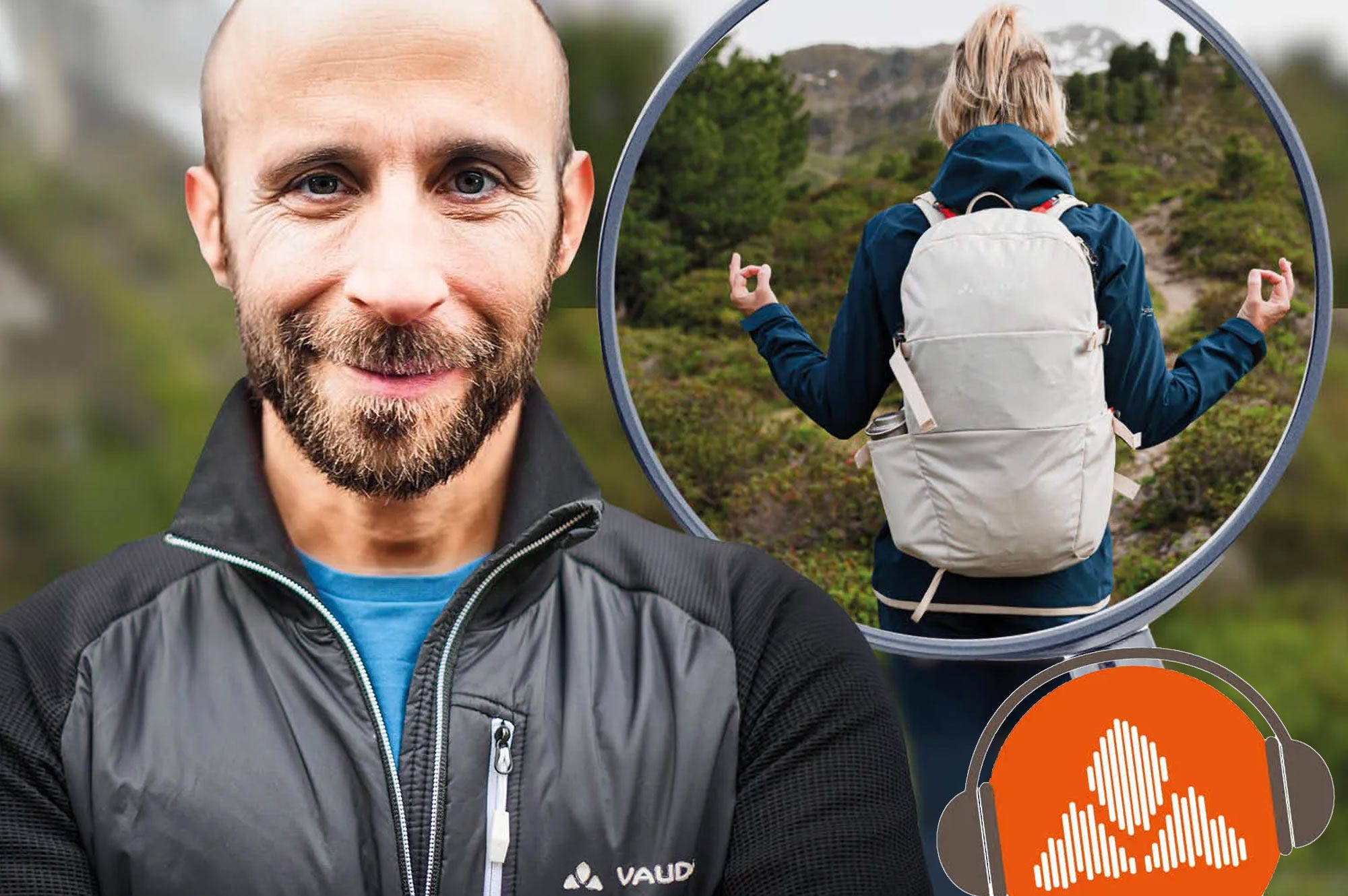 Ein Mann, daneben eine Frau von Hinten mit Rucksack in einer Lupe abgebildet