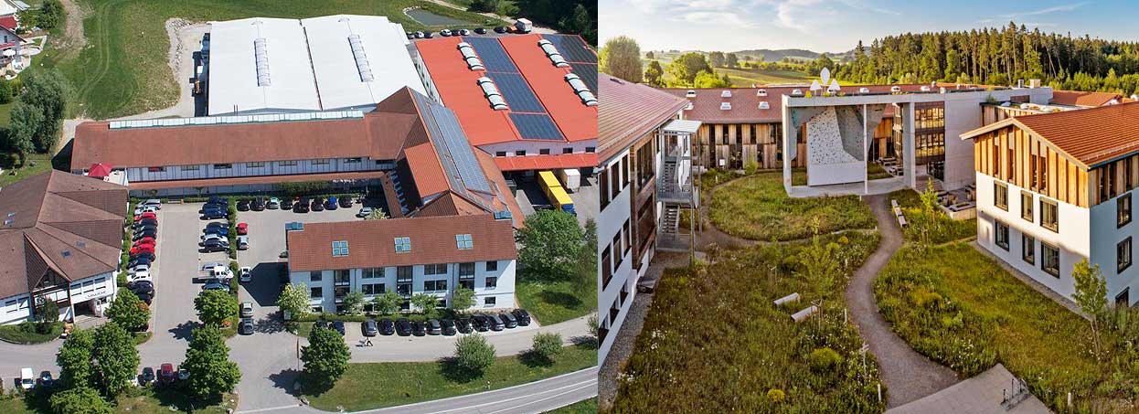 Before and after view of the VAUDE courtyard, which now features a flowering meadow.
